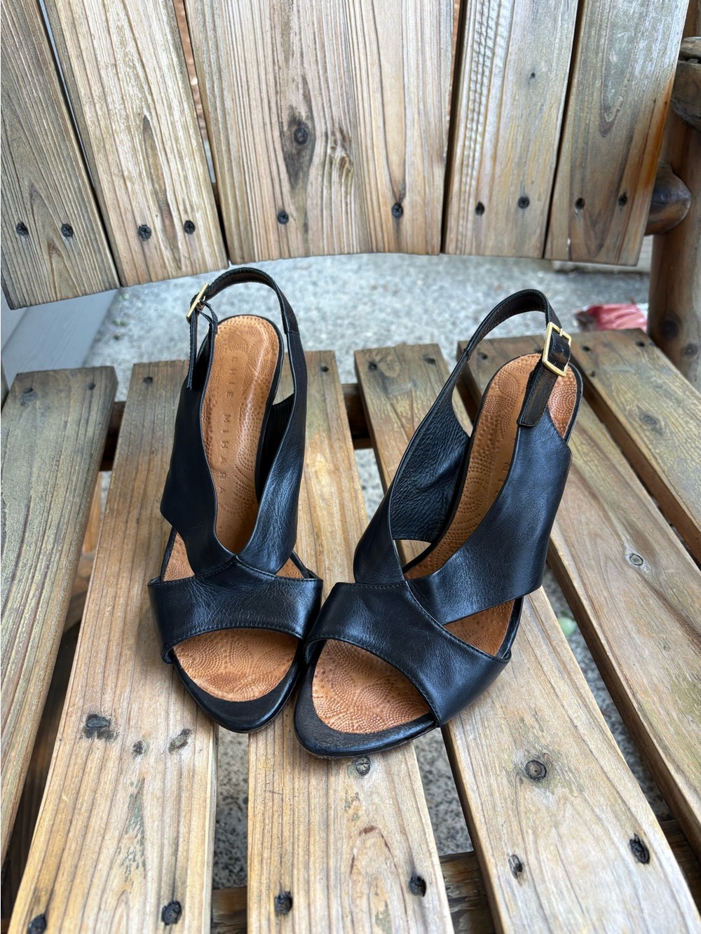 Chie Mihara Black Leather Sandals Heeled Slingback Size 39.5